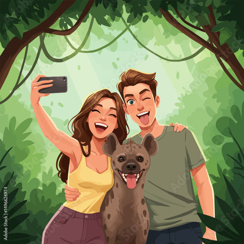 Couple Taking Selfie with Hyena in Cartoon Tropical Jungle Setting