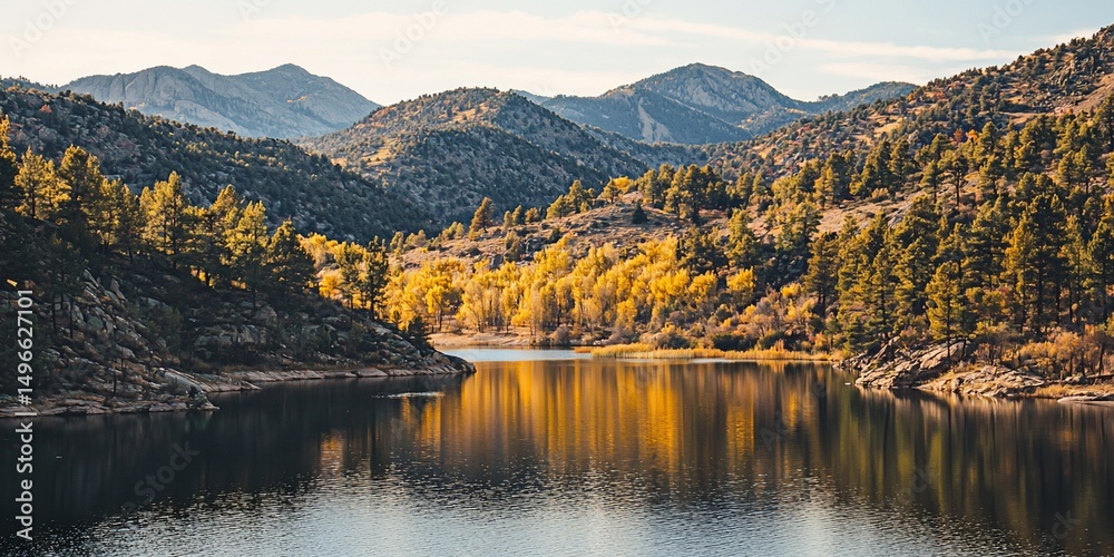 Obraz premium A serene alpine lake surrounded by lush trees and majestic mountains