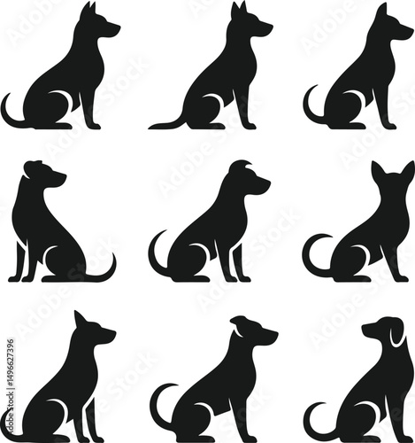Collection of sitting dog silhouettes black vector illustration for pet veterinary and animal-themed design projects
