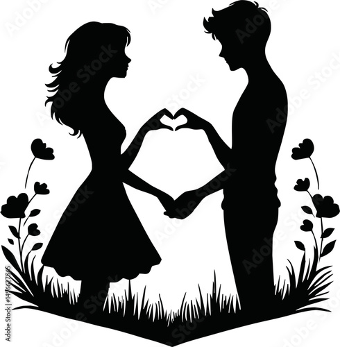romantic silhouette of a couple people forming a heart with their hand vector style isolated simple vector art on white background