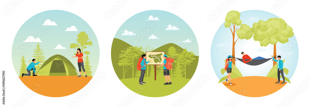 Naklejka premium Couple Setting Up a Tent. Checking Hiking Route Map. Enjoying a Hammock.