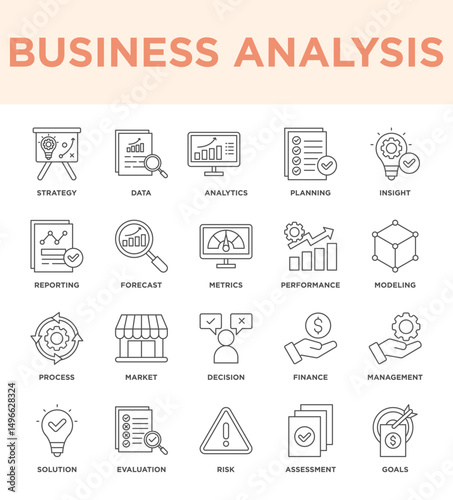 business analysis  icon collection set. Containing strategy,data,analytics,planning,insight,reporting,forecast,metrics,performance,modeling icon. simple line vector.	
