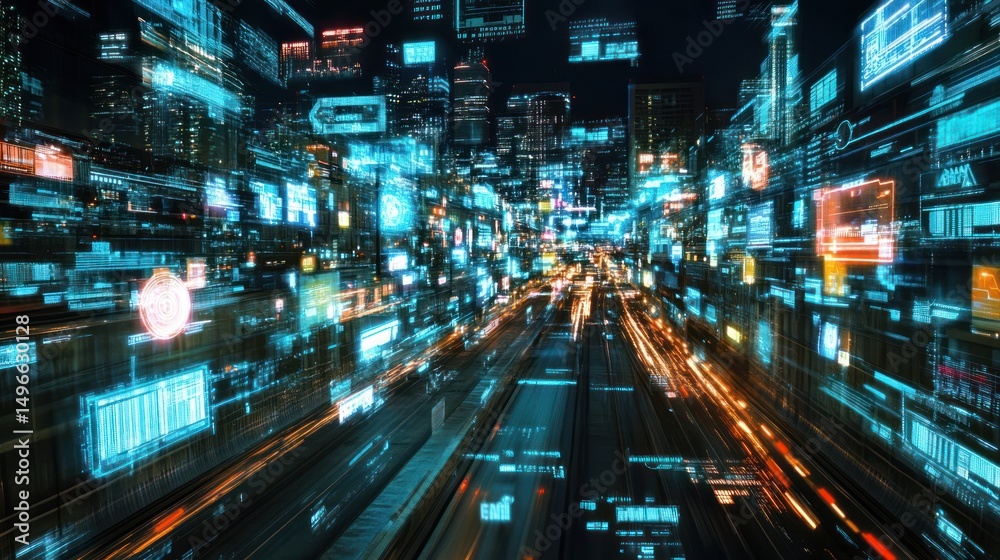Obraz premium Digital metropolis: A holographic cityscape overlayed with augmented reality interfaces