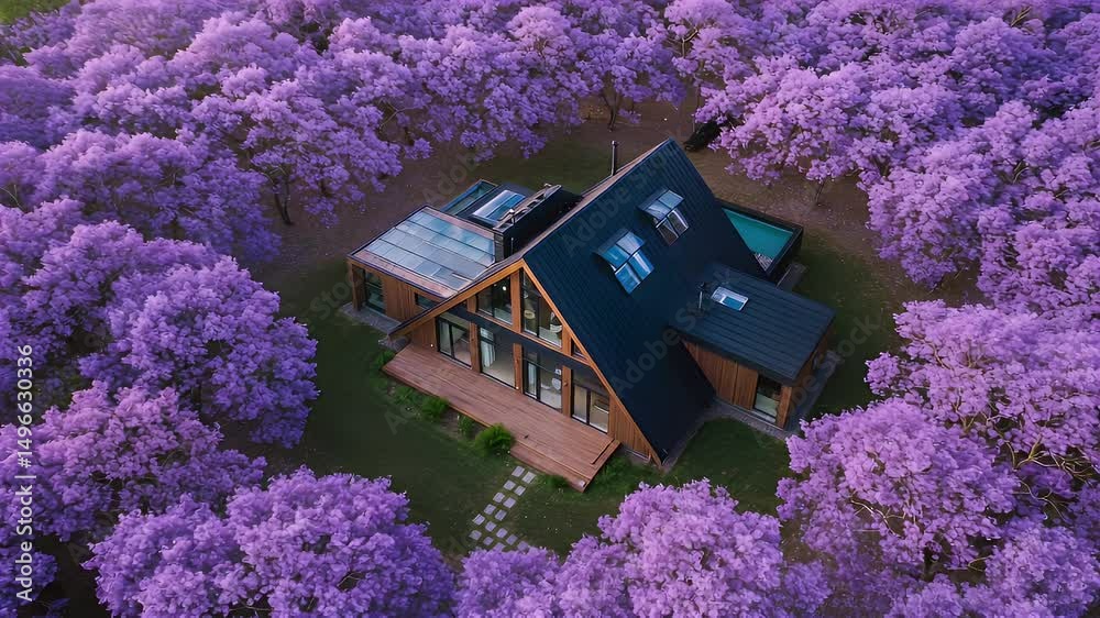 Modern home nestled amidst vibrant purple jacaranda trees. Aerial view