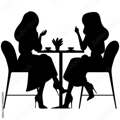 Girl Friends Talking and Drink Coffee Silhouette.