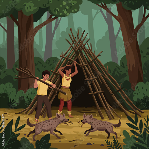 Building Stick Shelter in Forest with Helpers and Spotted Hyenas