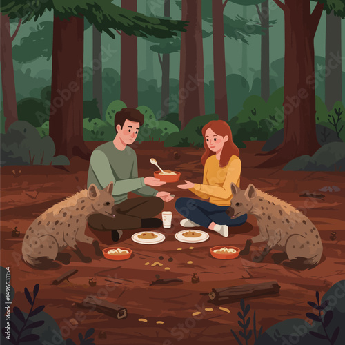 Couple Sharing Meal with Hyenas in Forest Illustration