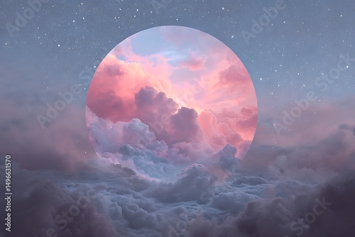 A Large Pink Moon Peeks Through Wispy Clouds In A Star-Filled Night Sky, celestial dreamscape, whimsical scene, abstract background wallpaper
