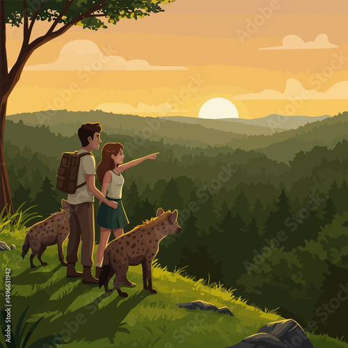 Couple Hiking with Hyenas Enjoying Scenic Sunset View in Forest