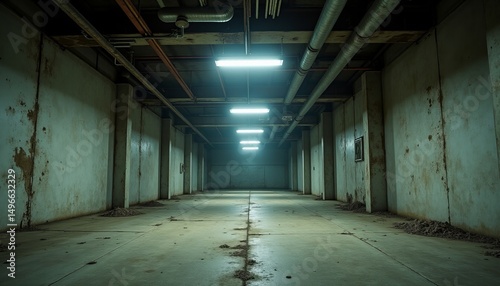 Derelict Warehouse Interior Vast Empty Space with Concrete Floors and Structural Elements Under Skylights