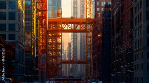 Urban construction scene at sunset, showcasing a steel bridge and skyscrapers. The warm light creates dramatic shadows and highlights the architectural details.