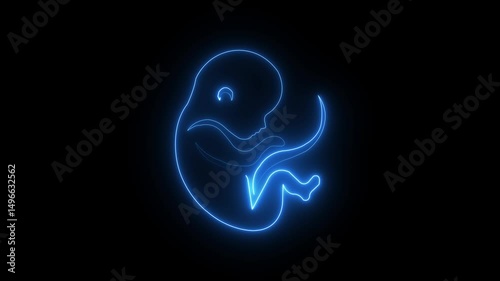 Fetus umbilical. Reproductive health. Pregnant love baby concept outline symbol design from Motherhood . baby in blue neon light on black background.