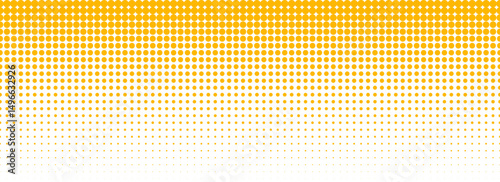 Yellow halftone gradient texture. Vanishing cartoon polka dot background. Repeated dotted gradation pattern. Fading comic pop art overlay backdrop. Raster halfton patern effect wallpaper. Vector