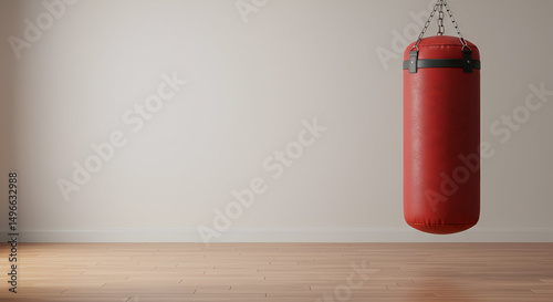 Red leather punching bag hangs from chain, white wall, light wood floor. Clean lines, neutral tones. Fitness/martial arts ads, editorial.