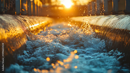 Golden hour sunlight illuminates cascading water flowing over a dam; close-up view of splashing water texture.