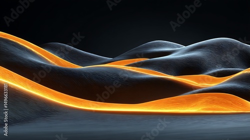A Modern Abstract Design Featuring Dark Gray Textured Waves Illuminated By Vibrant Orange Light, Futuristic Concept, Artistic Expression, Wallpaper Background