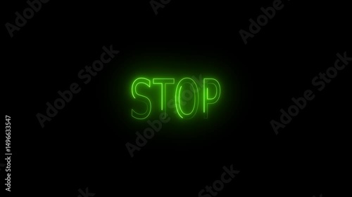 Neon stop text animation. glowing neon line animation on black background. Text stop by neon lights sign in dark night.