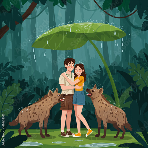 Couple Embracing Under Leaf in Rainforest with Hyenas During Rain