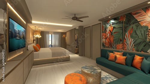 Luxurious bedroom suite with a modern tropical aesthetic photo
