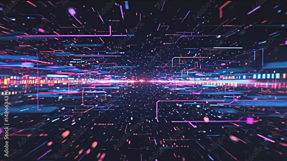 abstract glitch art video background, pulsating noise patterns, chaotic color distortions, no signal errors, broken pixel art, fading transitions, ethereal light bursts, animated interference waves