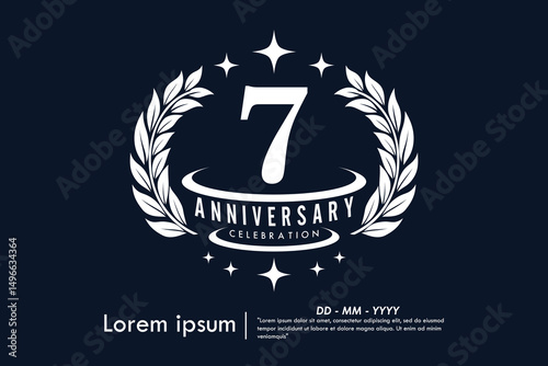 7th years anniversary celebration emblem. congratulations anniversary logo isolated with laurel wreath and stars on Black background. vector illustration template design
