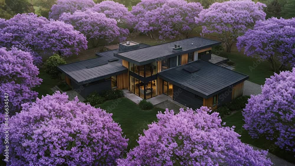 Modern home surrounded by vibrant purple jacaranda trees