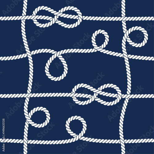 Seamless navycore marine rope knot pattern.Trendy textured backdrop nautical knots on dark background. Vector illustration for print.