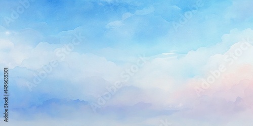 Tranquil abstract watercolor background featuring a serene blue sky with soft fluffy clouds