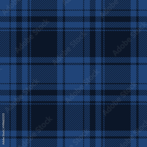 Tartan plaid pattern in dark navy blue. Vector straight seamless check pattern for plaid fabric, flannel shirt, blanket, clothes, skirt, tablecloth, textile.