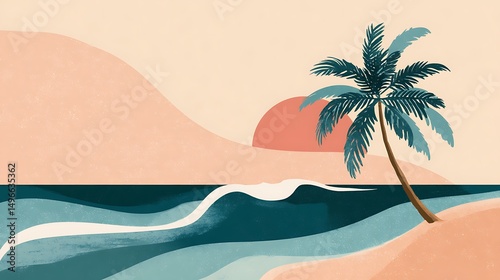 A Simplified Scene With Palm Tree On Beach, With Pink Sky And Calm Turquoise Water, Tropical Paradise, Vacation Destination, Wallpaper Background