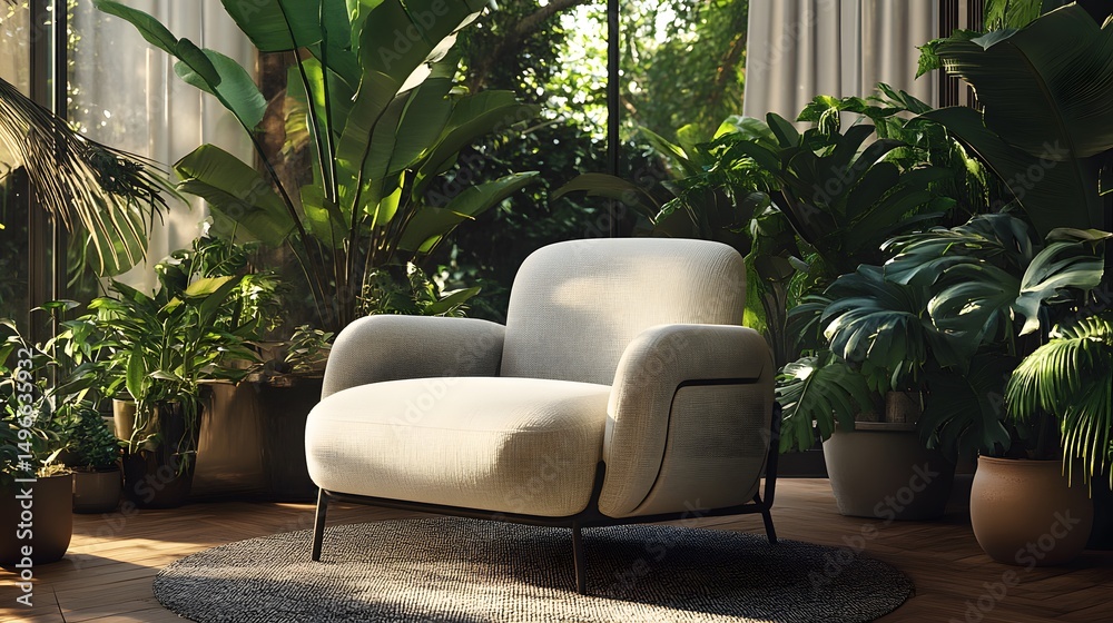 Obraz premium A contemporary armchair nestled within a lush, indoor garden.