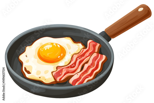 Breakfast classic: sunny-side-up egg and crispy bacon sizzling in a rustic pan with a wooden handle.