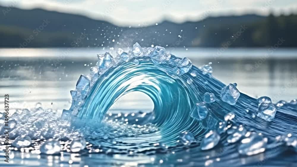 an enchanting wave object made of crystal, shattering into millions of sparkling fragments, set against a serene lakeside backdrop, soft ripples in the water, magical realism, high definition