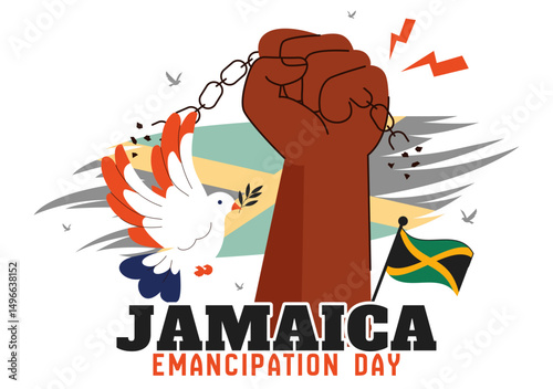 Vector Illustration of Jamaica Emancipation Day on August 1st featuring a Waving Flag and Broken Hand Chain to Commemorate the National Holiday