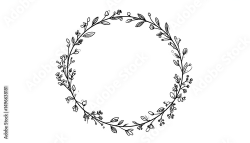 Minimalist hand-drawn floral wreath and botanical elements, black ink on white background, line art style, simple and elegant decorative frame