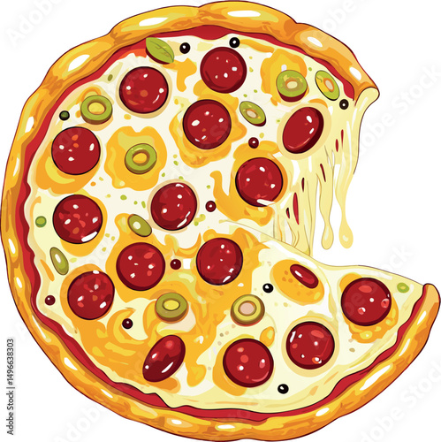 Vector version of a pizza topped with pepperoni, mozzarella, and paprika.
