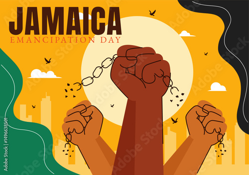Vector Illustration of Jamaica Emancipation Day on August 1st featuring a Waving Flag and Broken Hand Chain to Commemorate the National Holiday