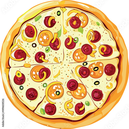 Vector illustration of a pepperoni pizza with mozzarella and paprika.