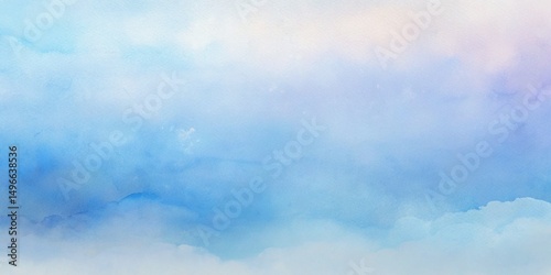 Tranquil abstract watercolor background featuring a serene blue sky with soft fluffy clouds