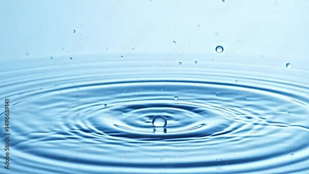 artistic depiction of falling raindrops, light blue background, aesthetic ripples creating concentric circles, dynamic fluid motion frozen in a moment of impact, play of light and shadow