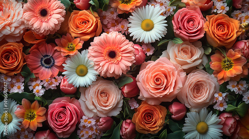 Romantic floral arrangement with blooming roses, daisies, tulips, and wildflowers in soft tones.