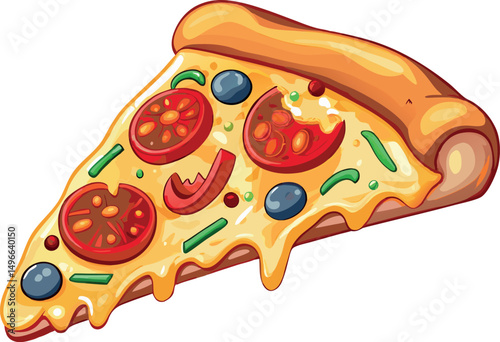 Hand-drawn vector illustration of a tasty pepperoni pizza slice with melted cheese.