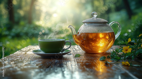 Steaming teacup and glass teapot with herbal tea on wooden table in sunlit garden morning.