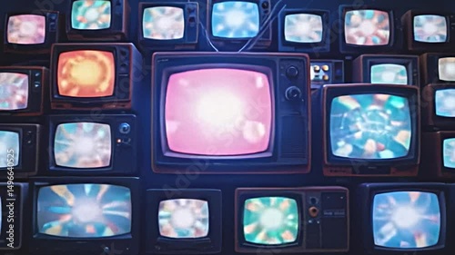 unique alignment of old fashioned televisions with bright green screens, deep blue dim lighting setting a nostalgic tone, textures of the tvs contrasting vividly against the smooth screens