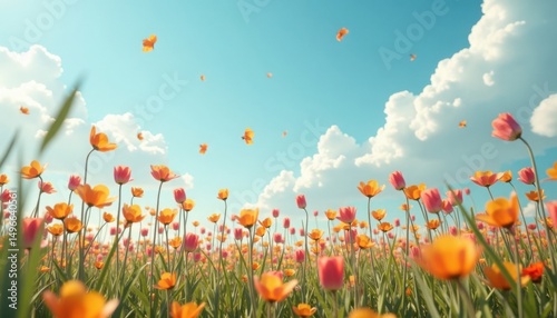 Vibrant field of blooming tulips under a sunny, cloud-filled sky evokes springtime joy and beauty.