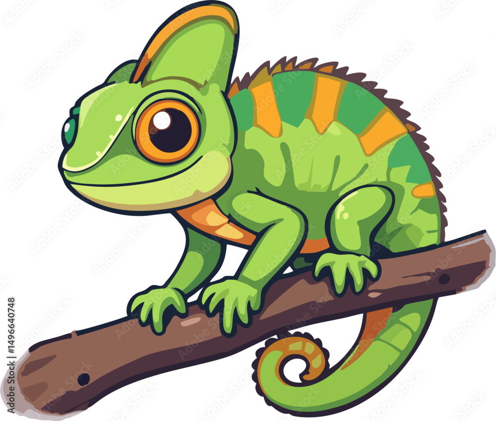 Obraz premium Cute Cartoon Chameleon Vector on Tree Branch – Colorful Jungle Reptile with Big Eyes in Kids Illustration Style for Stickers and Print Design