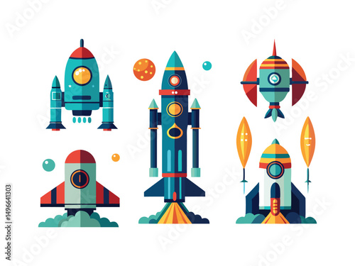 Five colorful flat design rockets launching into space
