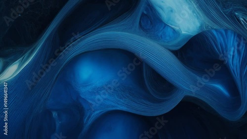 A mesmerizing abstract artwork with dynamic swirls of blue and white hues creating fluid forms.