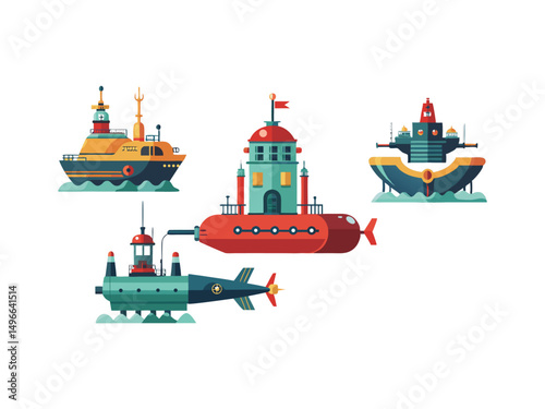 Collection of four unique and colorful cartoon sea vessels
