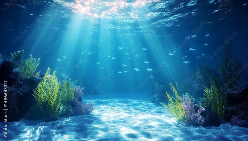 Naklejka premium Ocean Floor Sunbeams, Aquatic Life, Sandy Landscape